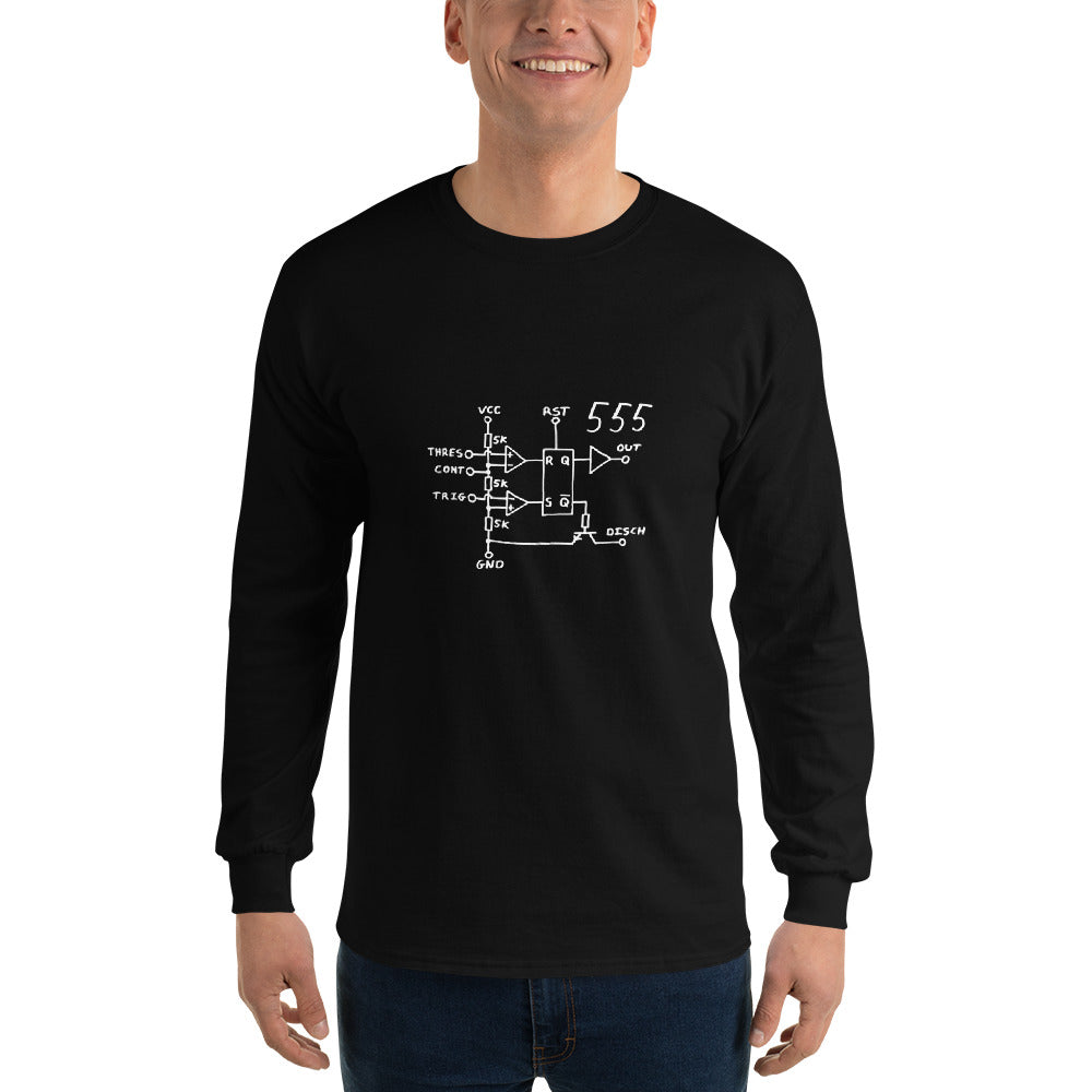 Classic 555 Timer Chip Schematic Circuit Long Sleeve T-Shirt - White Logo